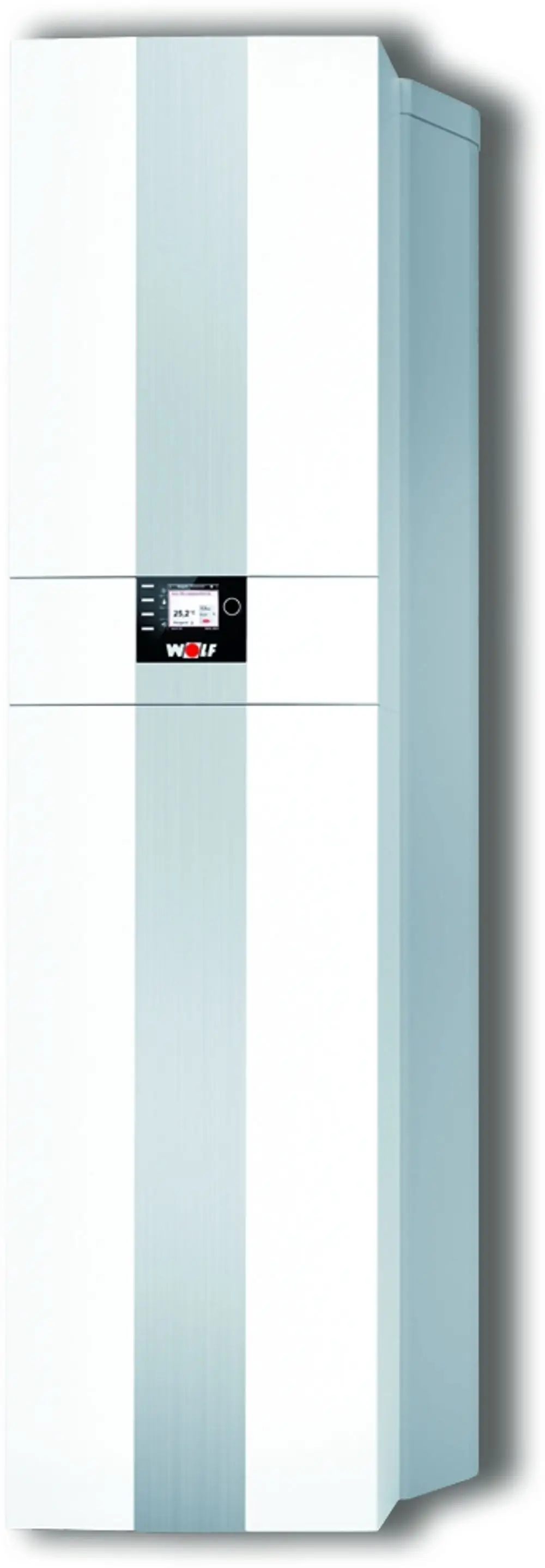 Vertikale Heiz- und Warmwasserzentrale in Weiß von Wolf mit digitalem Display, Modulbauweise, geeignet für Gasbrennwert- und Solarheizsysteme.